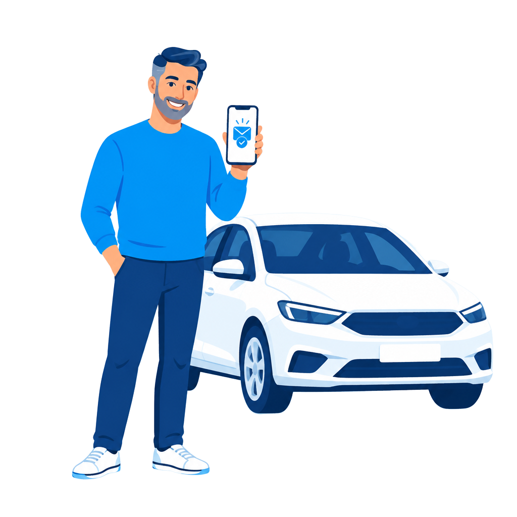 Illustrazione: un nuovo iscritto OUT-O riceve l'aggiornamento sul progetto, davanti alla sua prossima auto