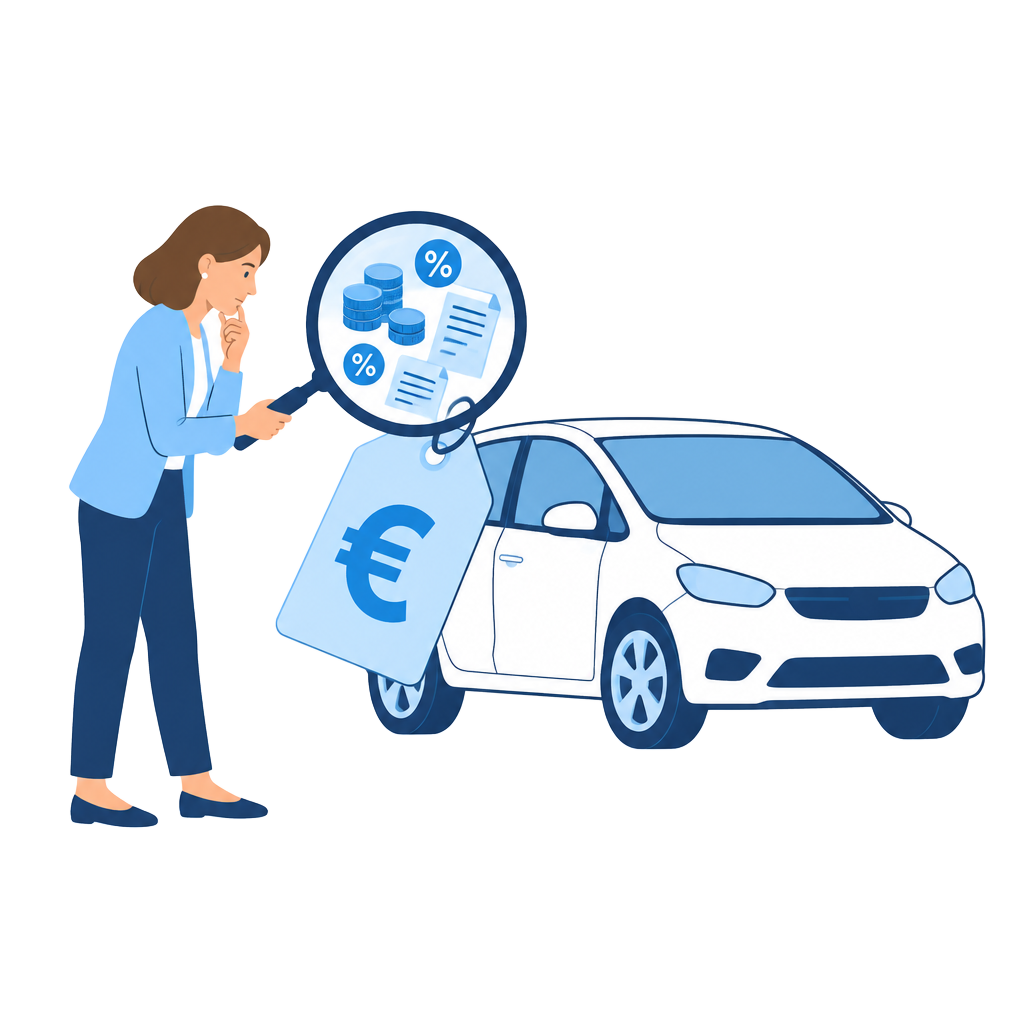 Illustrazione: una donna esamina con una lente d'ingrandimento i costi nascosti dietro al prezzo di un'auto